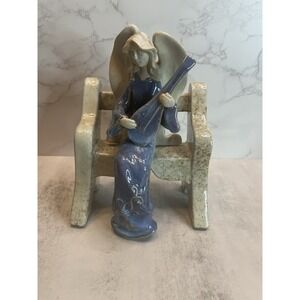 VTG Heavenly Helpers 7" Stoneware Pottery Angel on Bench Musician w/Lute 1999